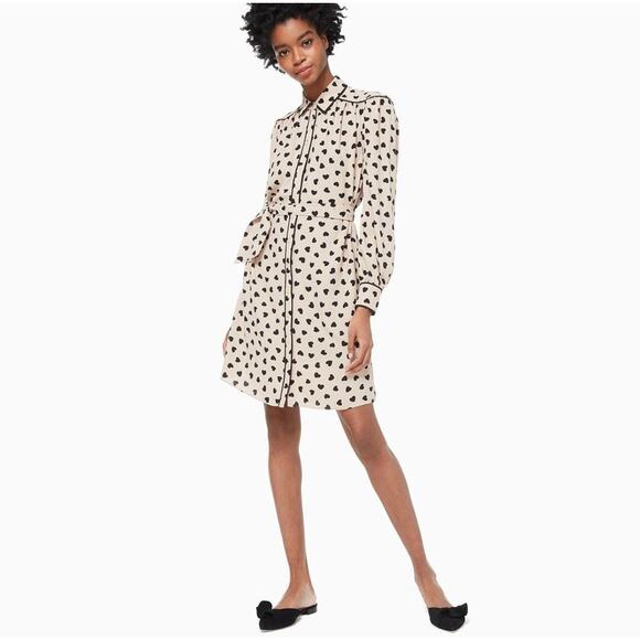 Kate Spade Heartbeat Button-Front Tan & Black Long-Sleeve Shirt Dress Size‎ XS - Picture 1 of 10